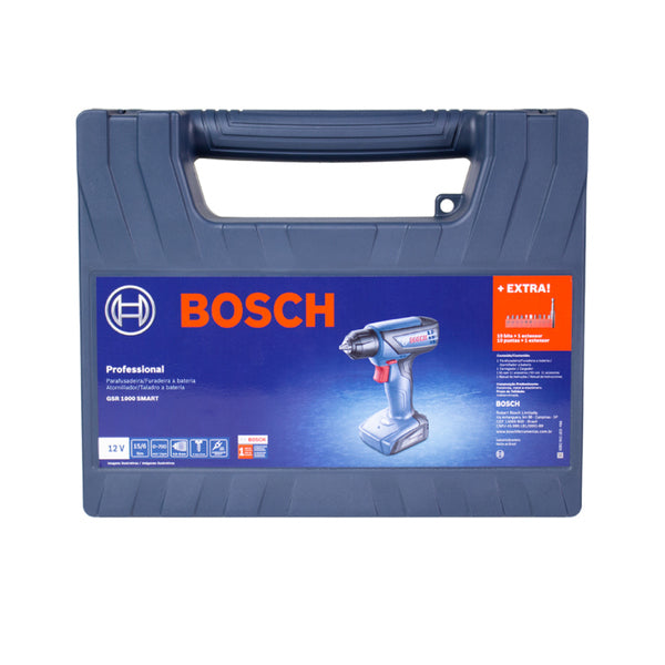Furadeira e Parafusadeira a Bateria Smart Bosch com Carregador 10 Bits e Extensor Universal 12V 1/4" GSR 1000 Bivolt